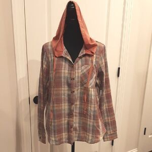 Hooded Button Down Shirt with Rust Hood and Rose Plaid